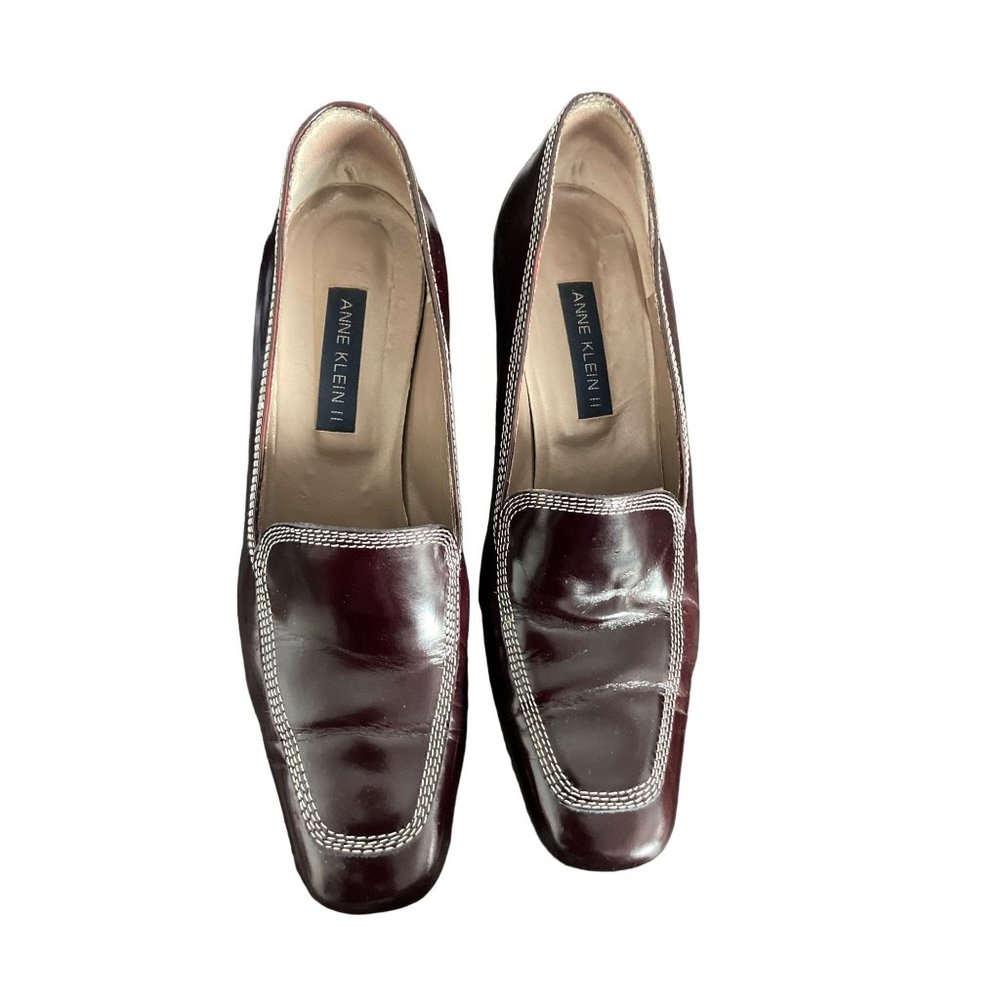 Anne Klein II Leather Heels 8 m Brown Leather Square Toe White Stitching Italy
